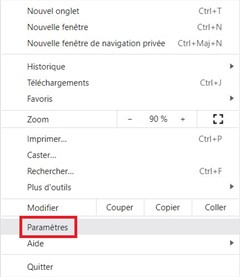 Dans le menu de Google Chrome (3 points verticaux en haut à droite), « Paramètres » est encerclé en rouge.