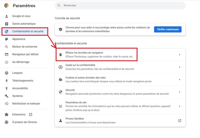 À la page Paramètres, dans le menu de navigation à gauche, « Confidentialité et sécurité » est encerclé en rouge. Une flèche rouge pointe vers l'option « Effacer les données de navigation » sur la page. « Effacer les données de navigation » est encerclé en rouge.