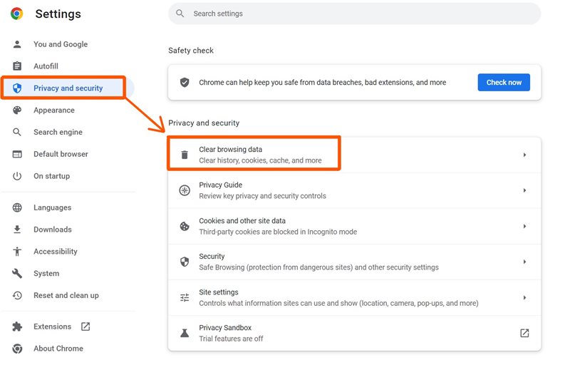 On the Settings page, in the navigation on the left, Privacy and Security is circled in red. A red arrow points to the Clear Browsing Data option on the page. Clear Browsing Data is also circled in red.