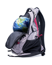 a backpack with a zipped opening and a globe inside