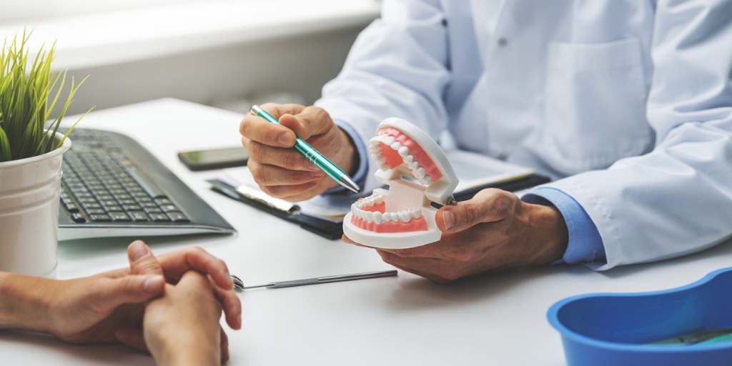 The dentist is holding a dental prosthesis, pointing at it with a pen, and explaining something to the patient.