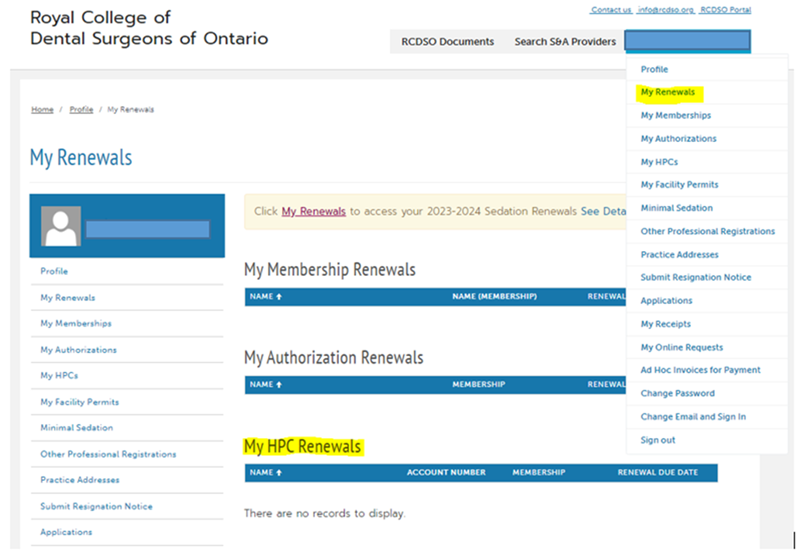 Image of RCDSO Portal homepage with My HPC Renewals hyperlink  highlighted in yellow.