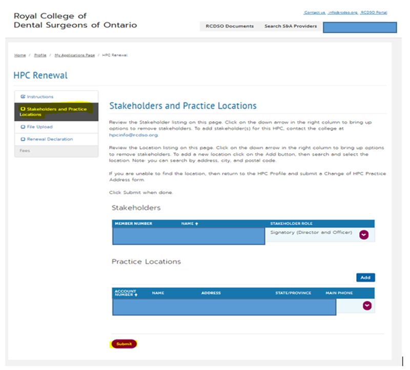 Image of HPC Renewal page with a "submit" button highlighted in yellow.