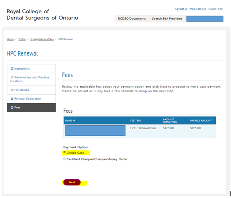 Image of RCDSO Fees page with the payment method highlighted in yellow