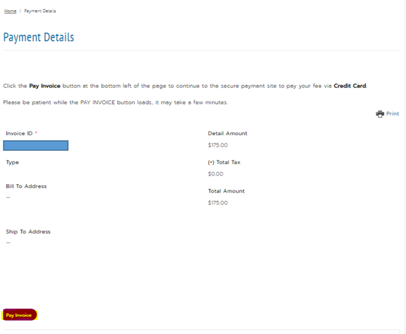 Image of the Payment Details page with the submit invoice button highlighted in yellow