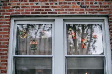 Colorful stickers placed on the glass.