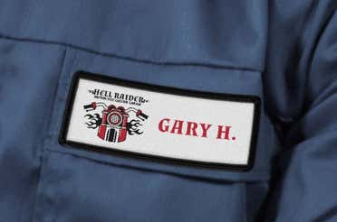 Embroidered patch that is sewed on to the pocket of a jacket.