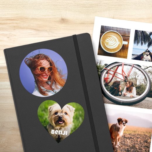 Custom photo sticker page and photo stickers on a notebook