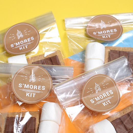 Round stickers on smores kit packaging