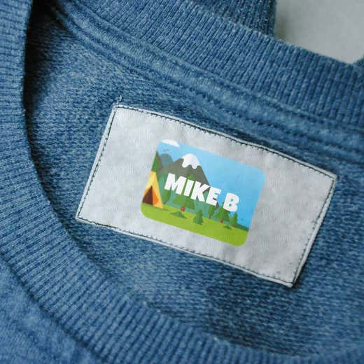 Stick-on clothing label on a clothing tag