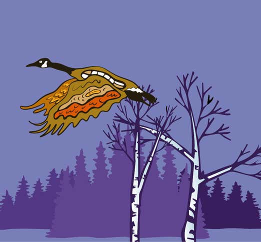 Cartoon bird soaring above a tree, with a second bird visible in the blue sky.