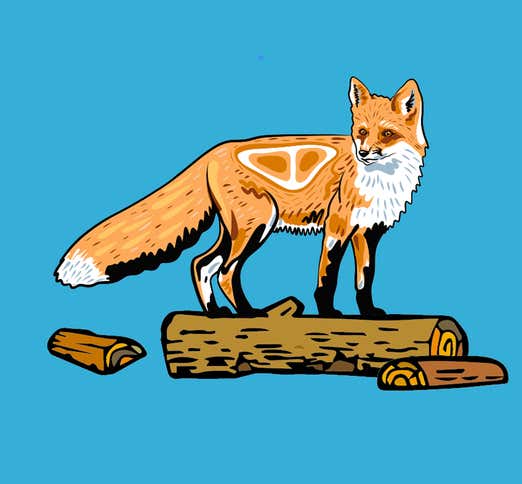 A cartoon fox stands on a log, looking curiously to the side in a vibrant forest setting.