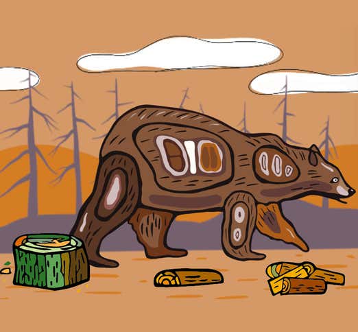 A cartoon bear walking along a dirt road surrounded by trees and grass.